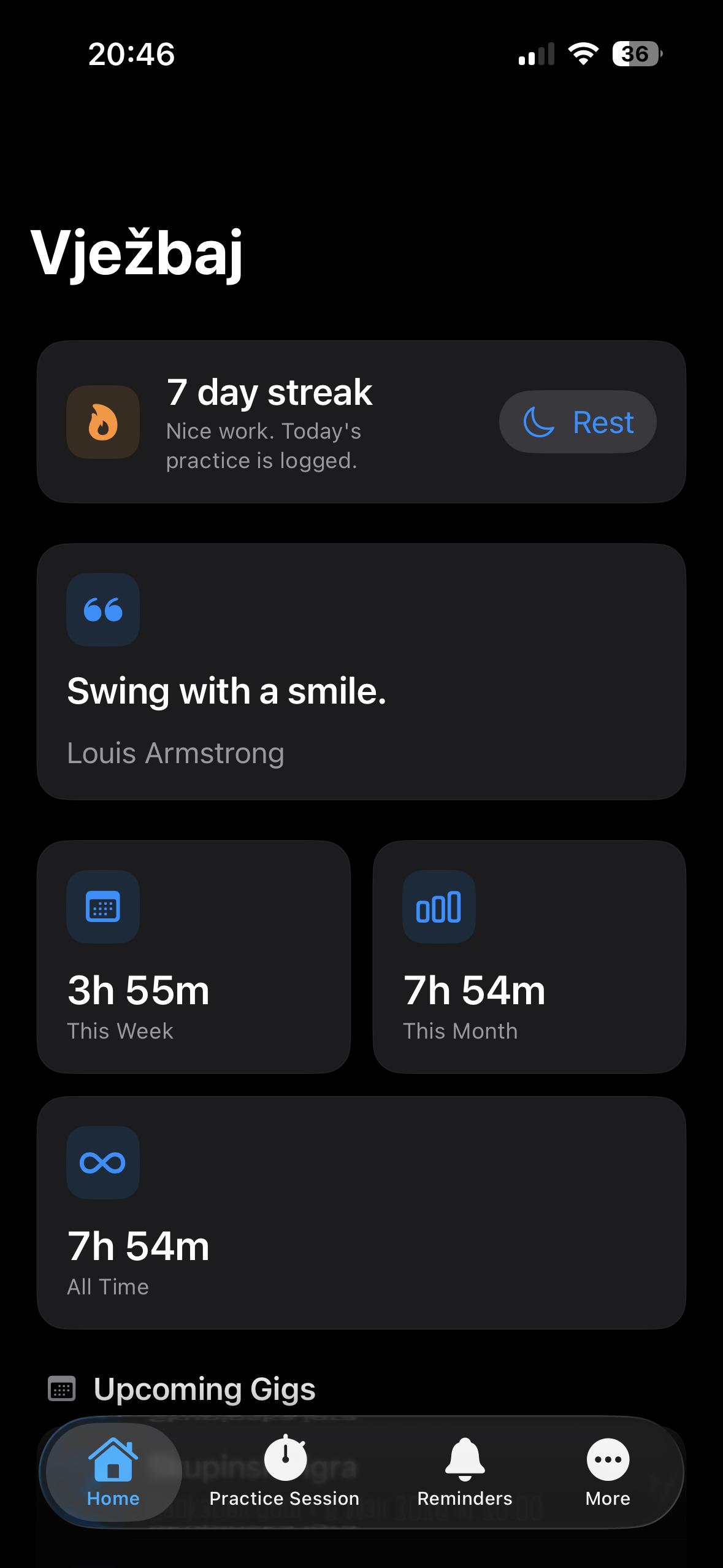 Vjezbaj iPhone home dashboard screenshot